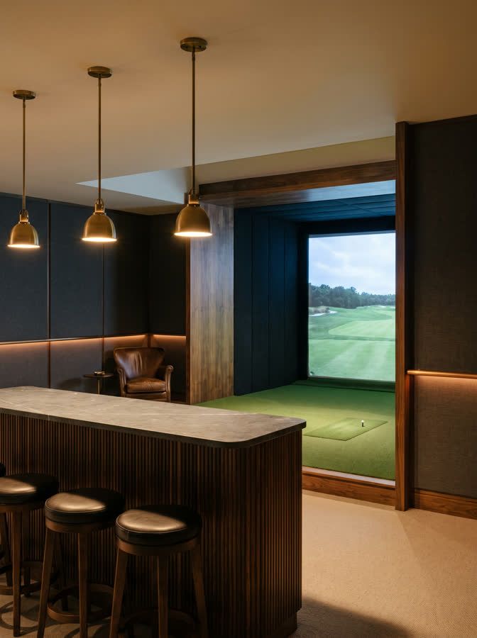 A basement golf simulator bay seen past a fluted bar with brass pendant lights and leather stools.