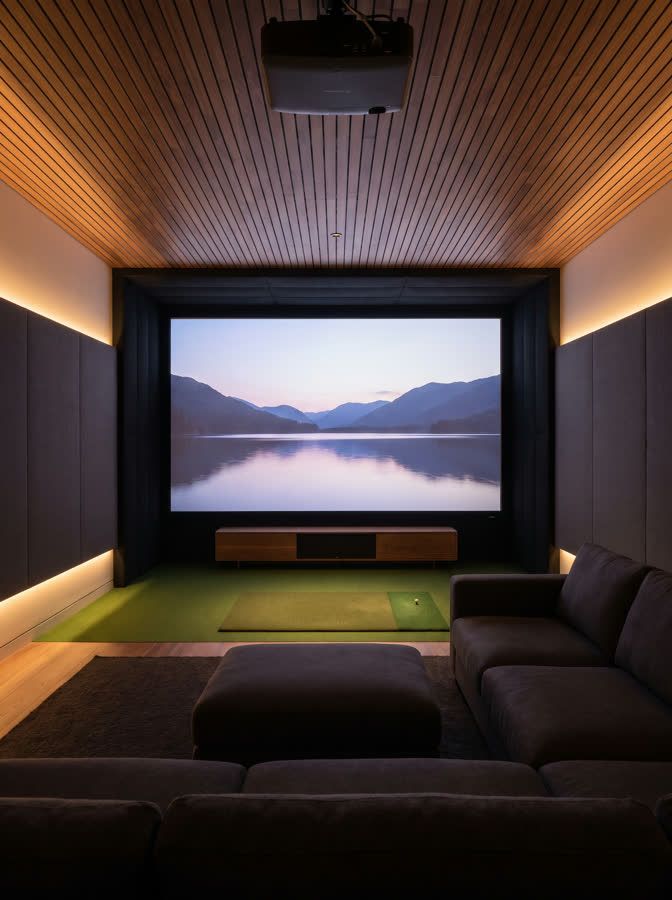 A timber-lined media room with a large screen, a deep sectional sofa and a strip of golf turf at the base of the screen.