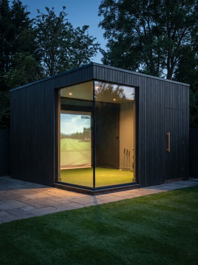 A small black-clad garden building at dusk, glazed on one corner, with a lit golf simulator bay visible inside.